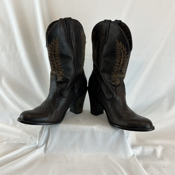 Steve Madden Frontier Brown Leather Mid-Calf Heeled Cowboy Boots - Picture 6 of 11